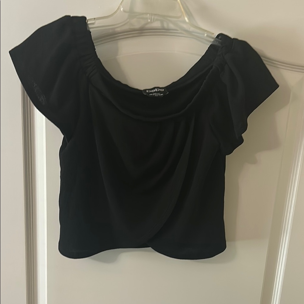 Bebe Black Ruched Off The Shoulders Crop Blouse
